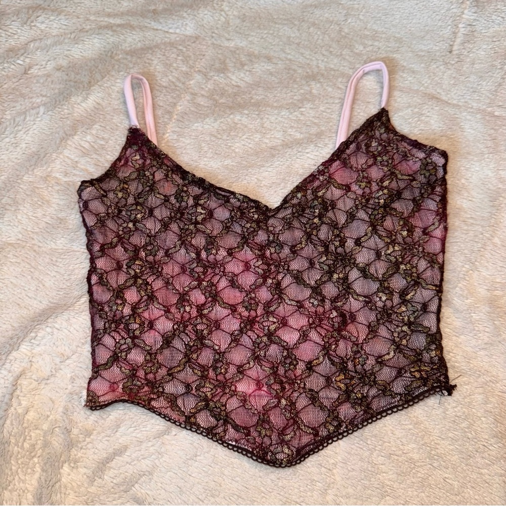 VINTAGE Pink and Black Lace Camisole Top